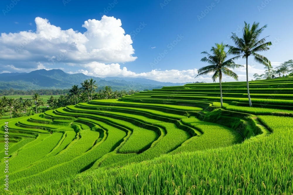 Poster a lush green field with two palm trees in the background