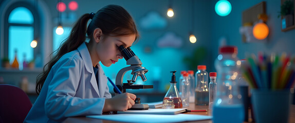 Photo Realistic Science Student with Microscope and Lab Notebook in Fantasy Lab - Wide Shot of Imaginative Back to School Theme with Glowing Elements and Whimsical Decor