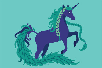 Mystical Unicorn Silhouette Braiding her Azure Mane in the Tranquil Sea