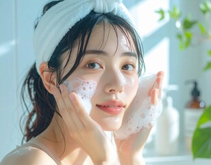 クリーミーな泡で洗顔をしている日本人女性