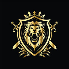 Obraz premium Lion head coat of arms with golden shield, crossed arrows and crown. Heraldic vector design element. Retro style label, heraldry logo. Luxury lion head logo template.