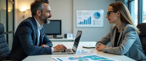 Fototapeta premium Photo realistic marketing consultant advising client on social media strategy in modern office, using laptop and charts to highlight expertise and client relations.