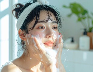 クリーミーな泡で洗顔をしている日本人女性