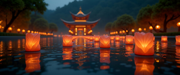 Fototapeta premium Tranquil Vesak Night: Serene Temple Lanterns and Reflective Waterways for Mindful Reflection - Perfect Photo Stock Concept with Peaceful Atmosphere and Empty Space for Text