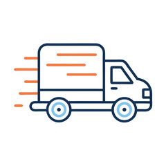 a simple line icon of a fast-moving delivery truck with white background.