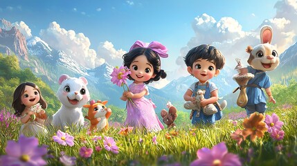 Cheerful Children and Animals in Colorful Flower Field Landscape