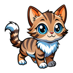 A small, fluffy tabby kitten with bright blue eyes is playfully batting with its paw on a white surface with white background.