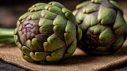 Fototapeta premium Artichokes glistening under soft light in a rustic kitchen setting