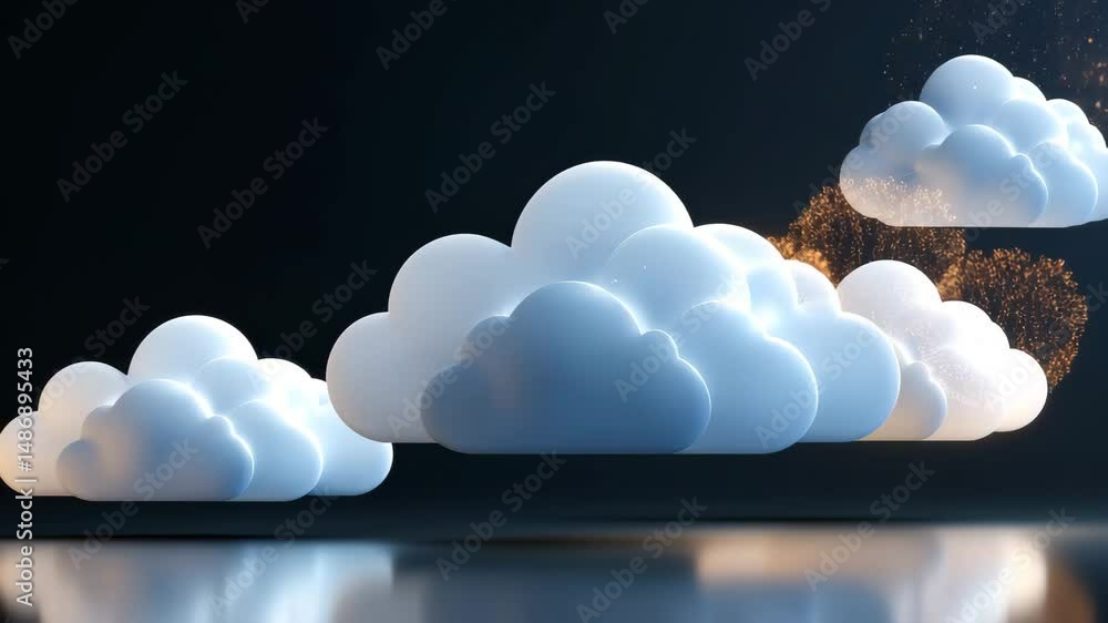 Poster puffy white 3d clouds floating above a reflective surface against a dark background with subtle gold