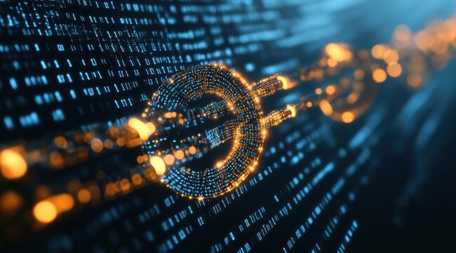 Digital euro currency symbol, linked chain, data background