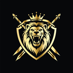 Obraz premium Lion head coat of arms with golden shield, crossed arrows and crown. Heraldic vector design element. Retro style label, heraldry logo. Luxury lion head logo template.