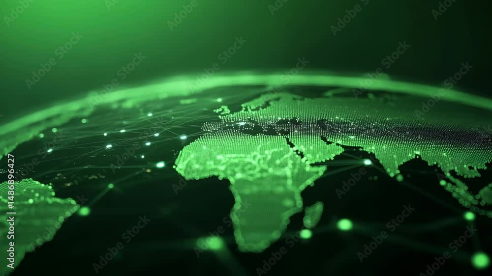 Poster a vibrant green digital world map with glowing nodes and connecting lines, suggesting a global netwo