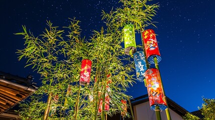 Colorful Lanterns Among Bamboo Under a Starry Night Sky