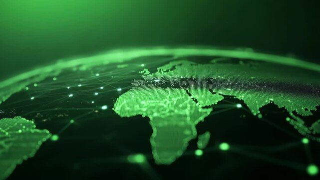 A vibrant green digital world map with glowing nodes and connecting lines, suggesting a global network or interconnectedness. - Powered by Adobe