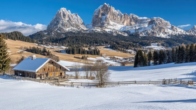 Rustic cabin in snowy mountain landscape winter scenery