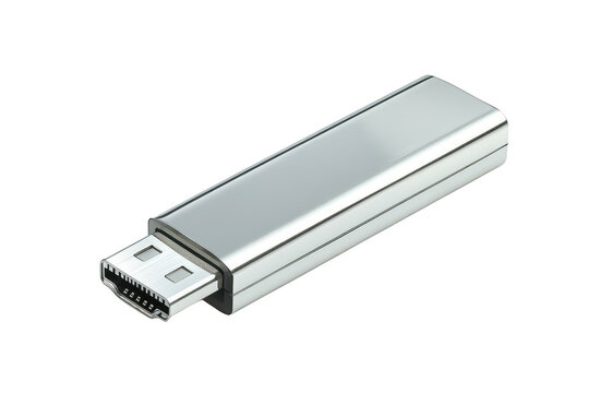 USB flash drive with a sleek silver casing and exposed connector isolated on a transparent background