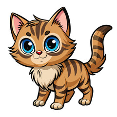 A small, fluffy tabby kitten with bright blue eyes is playfully batting with its paw on a white surface with white background.