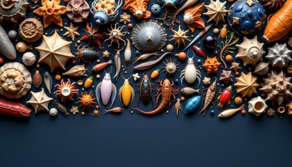 An assortment of beautifully arranged sea shells collected from the pristine ocean shoreline