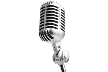 Fototapeta premium Vintage silver microphone with a retro grille and stand details isolated on a transparent background