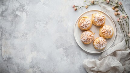 Fototapeta premium Cream puffs overhead shot powdered sugar light beige floral arrangement textured gray surface food photography