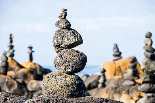 Balanced rock stack against the sky