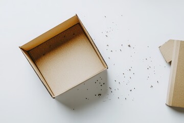 Empty cardboard box with scattered debris