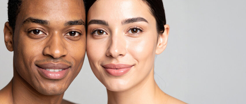 Graceful portraits of a woman and a man with glowing skin and natural makeup. A concept suitable for beauty and skincare promotions.
