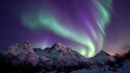 Fototapeta premium Vibrant green and purple aurora borealis swirling across starry night sky above snowy mountain range, showcasing breathtaking natural light phenomenon and magical winter landscape atmosphere