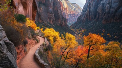 Autumnal path winding through a canyon vista.