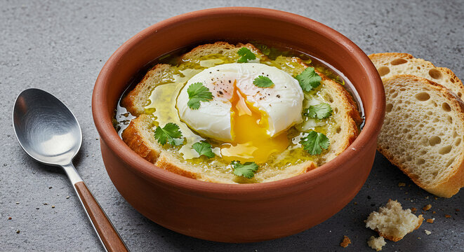 A&ccedil;orda &agrave; Alentejana with Poached Egg and Cilantro in Clay Bowl