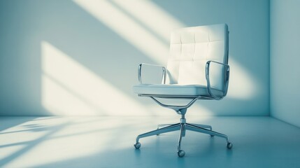 Modern white leather office chair in minimalist room sunlight shadow interior design
