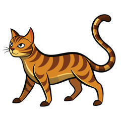 A tabby cat with a short, curved tail is captured mid-stride in profile  with white background.
