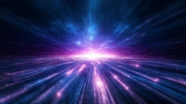 Vibrant cosmic explosion of light beams and colorful particles creates stunning depth and motion.