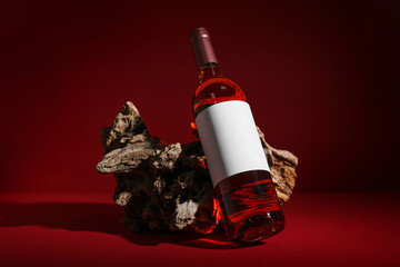 Bottle of wine with blank label and tree bark on red background