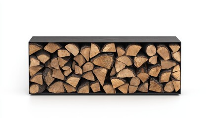 Modern firewood storage, sleek black metal frame filled with neatly stacked logs