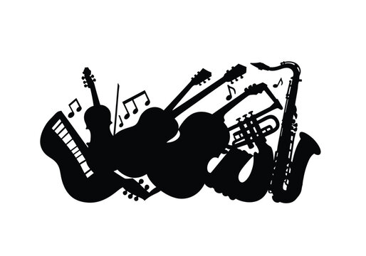 Music silhouette. This image presents black silhouettes of musical instruments, showcasing a band ensemble with guitars, a saxophone, and other instruments. Vector clipart illustration design.