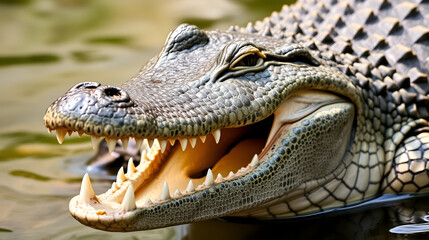 American alligator with it's mouth wide open showing dangerous teeth