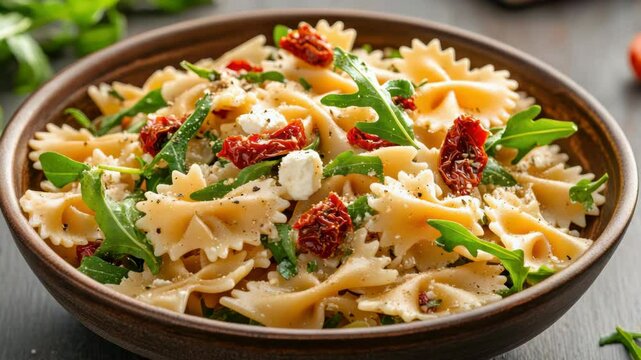 Delicious farfalle pasta salad with arugula, sun dried tomatoes, and feta cheese delight
