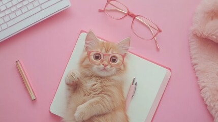 Adorable ginger kitten wearing pink glasses on notepad pink background
