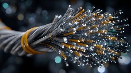 Close-up of a cable featuring yellow and black wires representing network technology