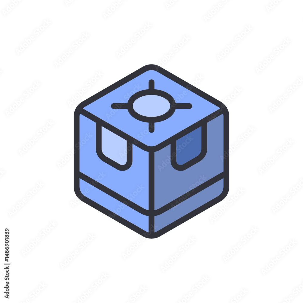 Poster stylized isometric cube with circular target on top for game development