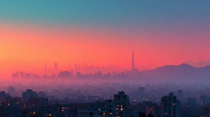 Fototapeta premium Sunset Cityscape: Hazy Skyline at Dusk