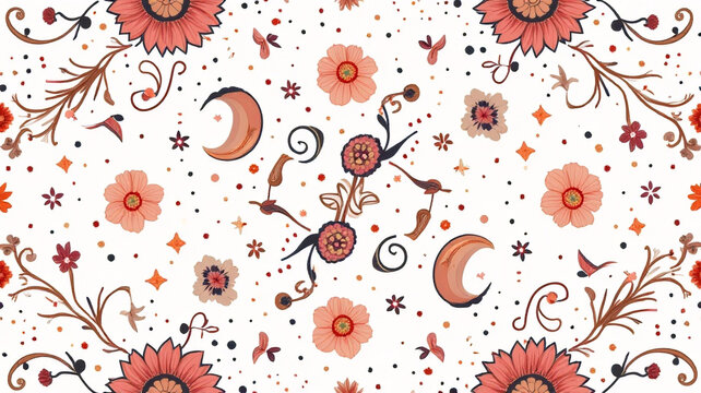 Art Nouveau seamless pattern with curling moonflowers and stars in sapphire and rose