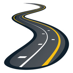 Illustrate a winding, asphalt road with dashed white lane markings  with white background.