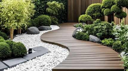 Obraz premium Winding wooden pathway through serene garden with white gravel and lush greenery