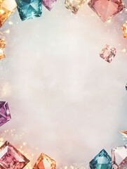 A dreamy, pastel background is adorned with colorful gemstones, creating a luxurious and enchanting scene.  Perfect for design projects needing a touch of sparkle!