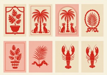 Set of 8 Red and Beige Tropical Plant and Animal Illustrations