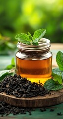 Mint Tea with Glass Jar, and Wooden Table.