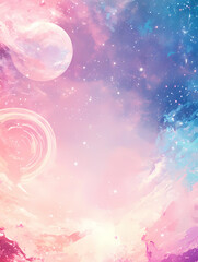 Dreamy pastel galaxy with planets and swirling nebulae. Soft pink, purple, and blue hues create a magical, ethereal atmosphere.