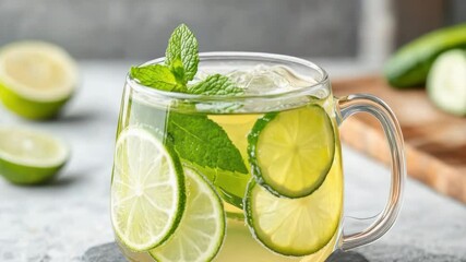 Refreshing beverage with lime, mint, and cucumber for revitalizing experience